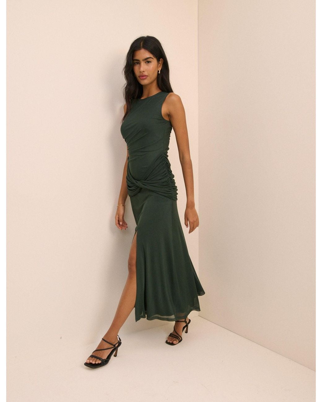 Nobody's Child Natural Ruched Mesh Tammy Midi Dress