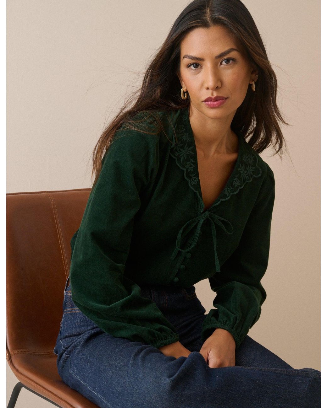 Nobody's Child Green Forest Floral Embroidered Collar Cord Blouse