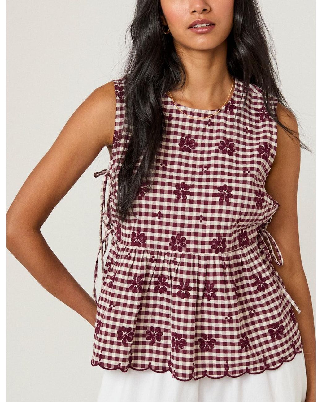 Nobody's Child Multicolor Burgundy Gingham Floral Swing Top