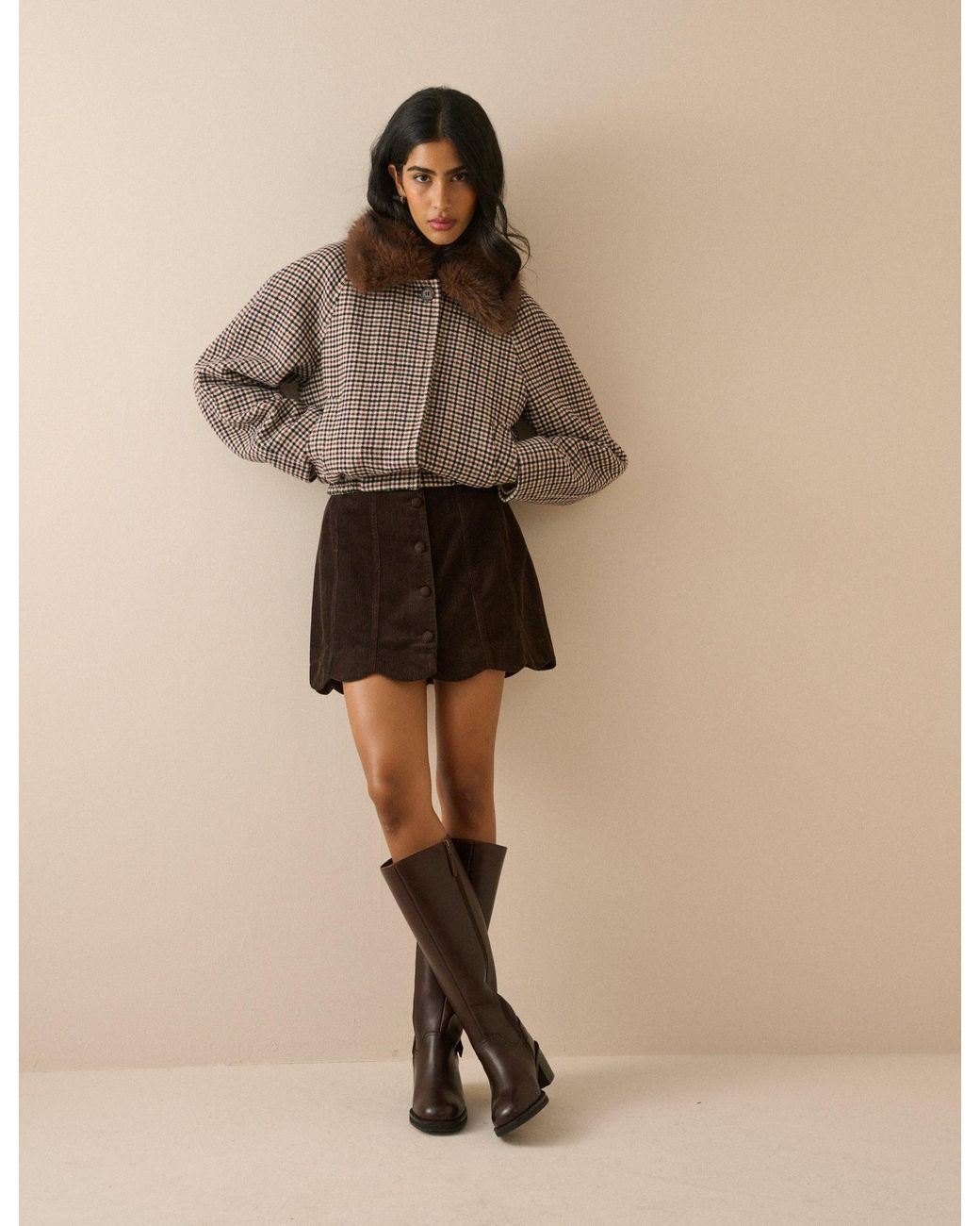 Nobody's Child Brown Heritage Check Faux Fur Collar Bomber Jacket