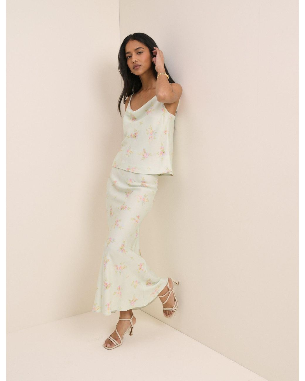 Nobody's Child Natural Mint Floral Satin Maxi Skirt