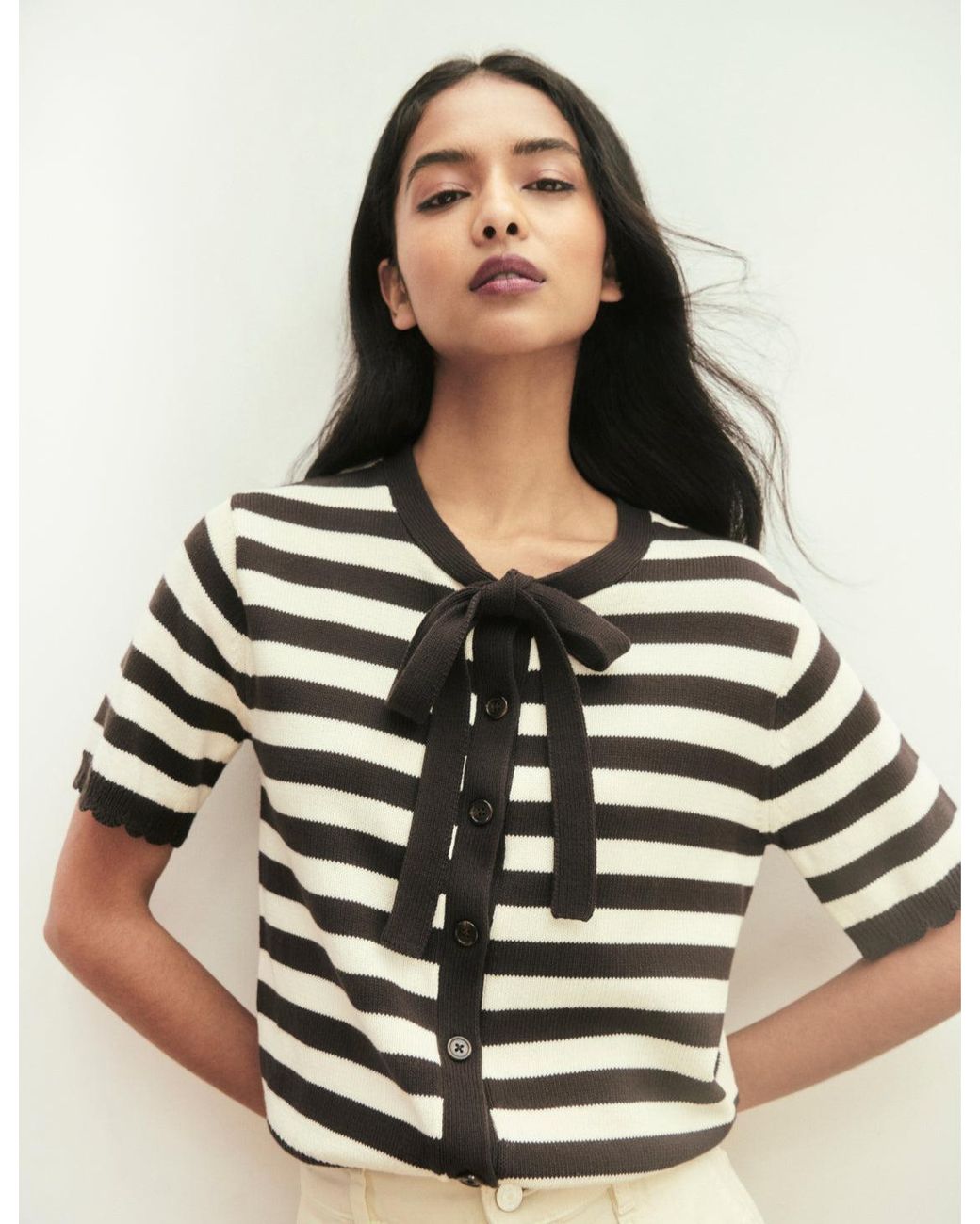 Nobody's Child Black And Stripe Short Sleeve Tie Neck Cardigan