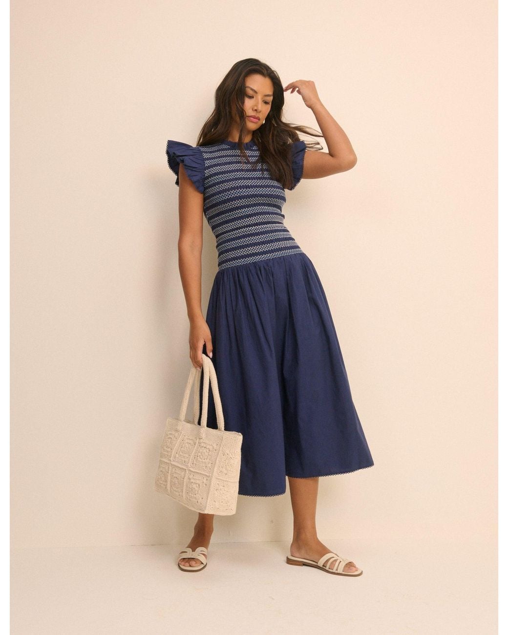 Nobody's Child Blue Shirred Waist Midi Skirt