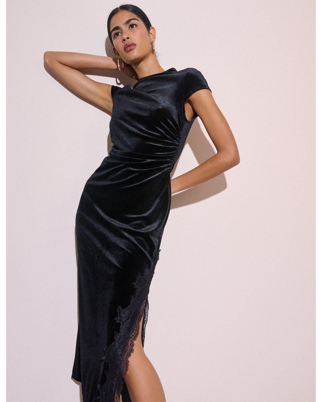 Nobody's Child Black Lace Trim Velvet Manon Midi Dress