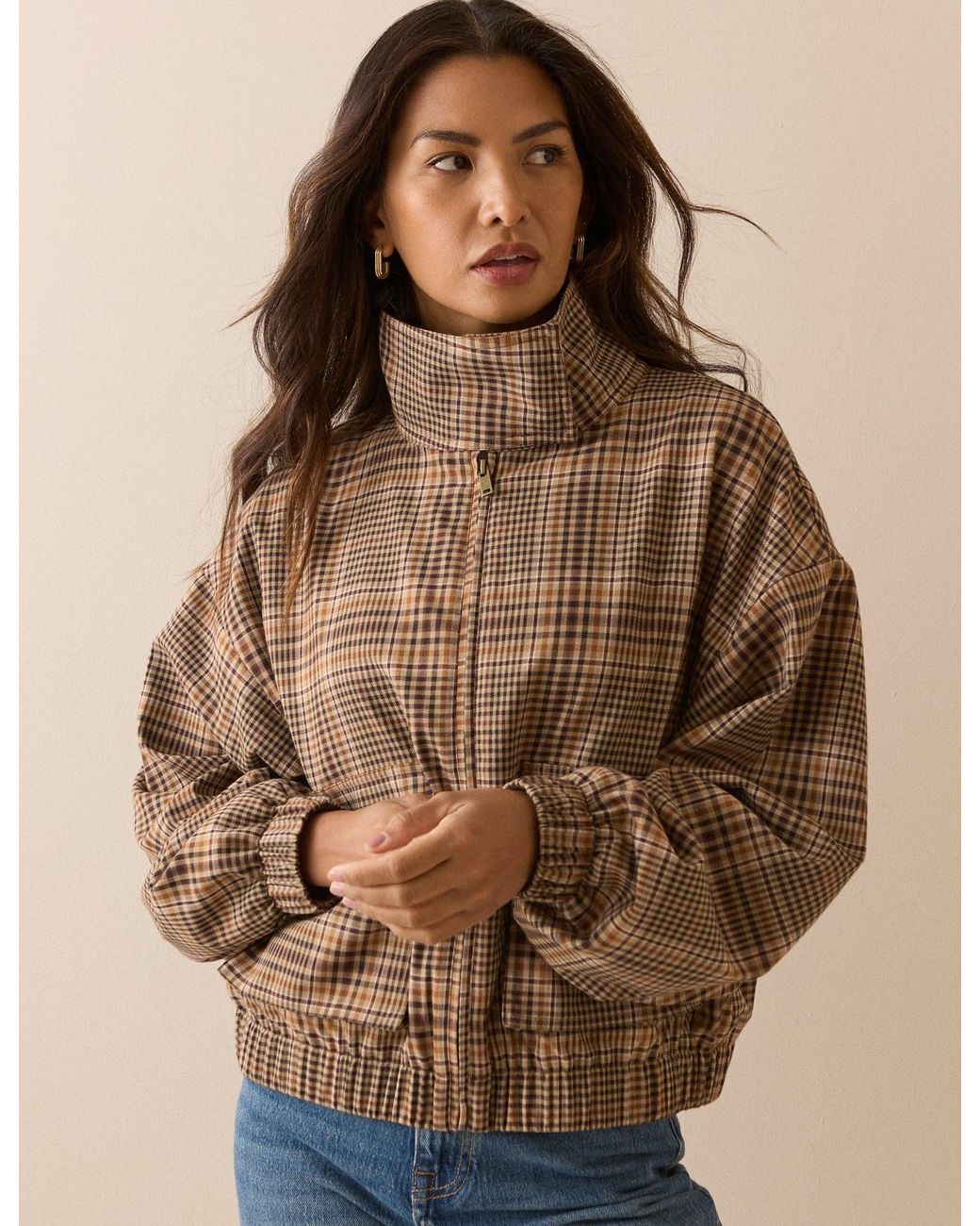 Nobody's Child Brown Check Funnel Neck Jacket