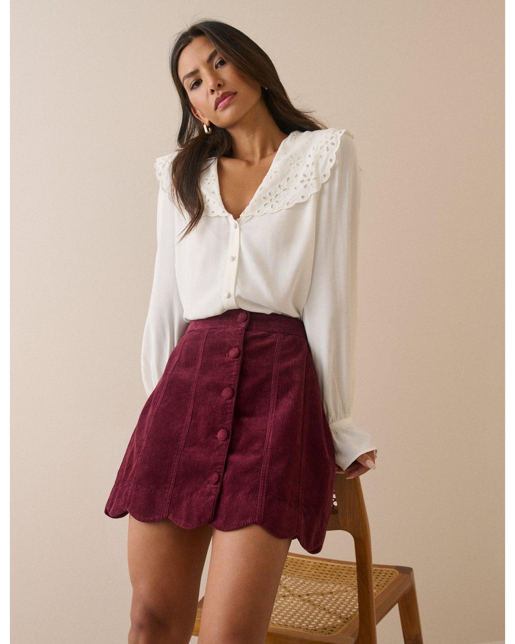 Nobody's Child Brown Burgundy Cord Scallop Trim Mini Skirt