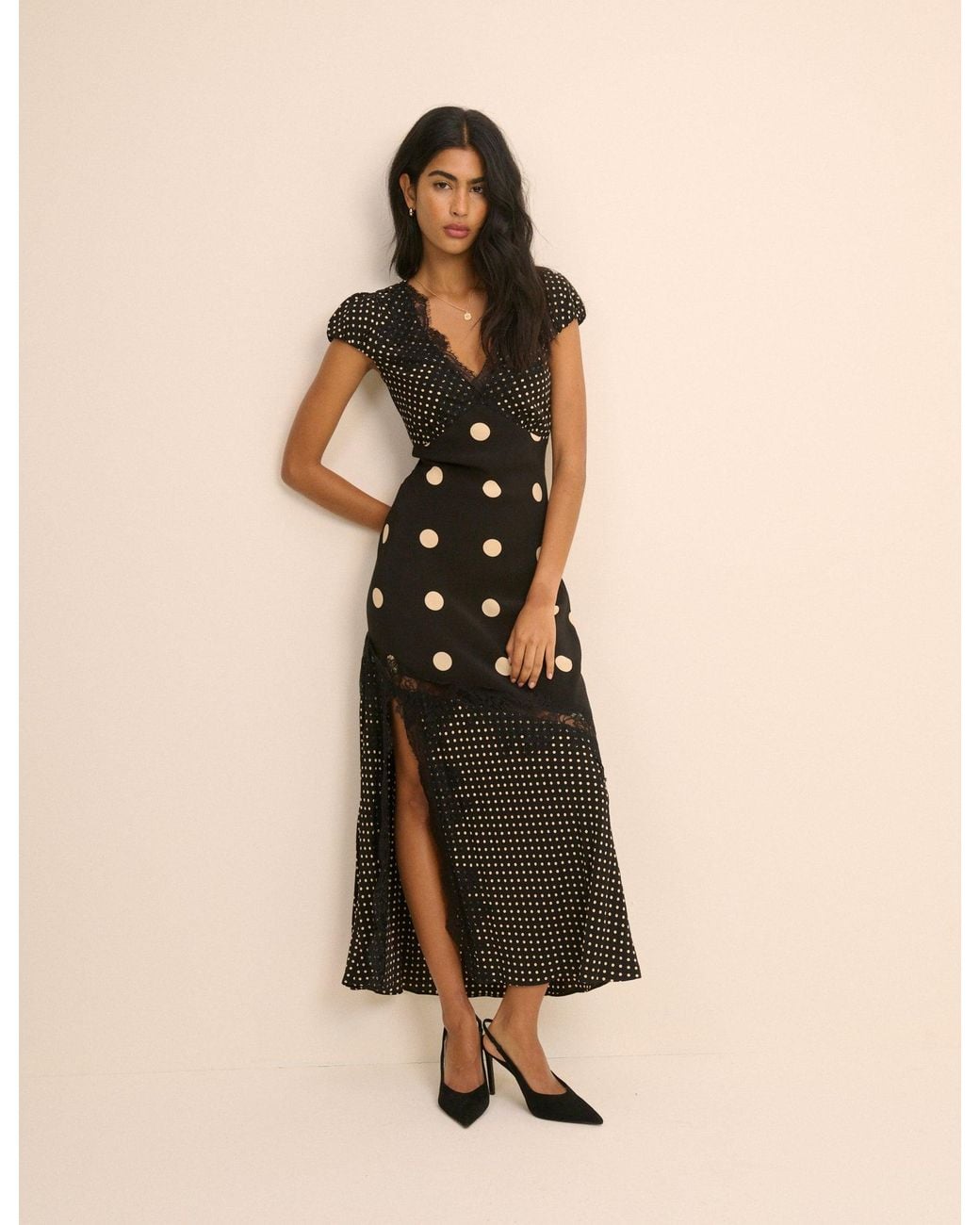 Nobody's Child Natural Polka Dot Lace Trim Satin Gloria Maxi Dress