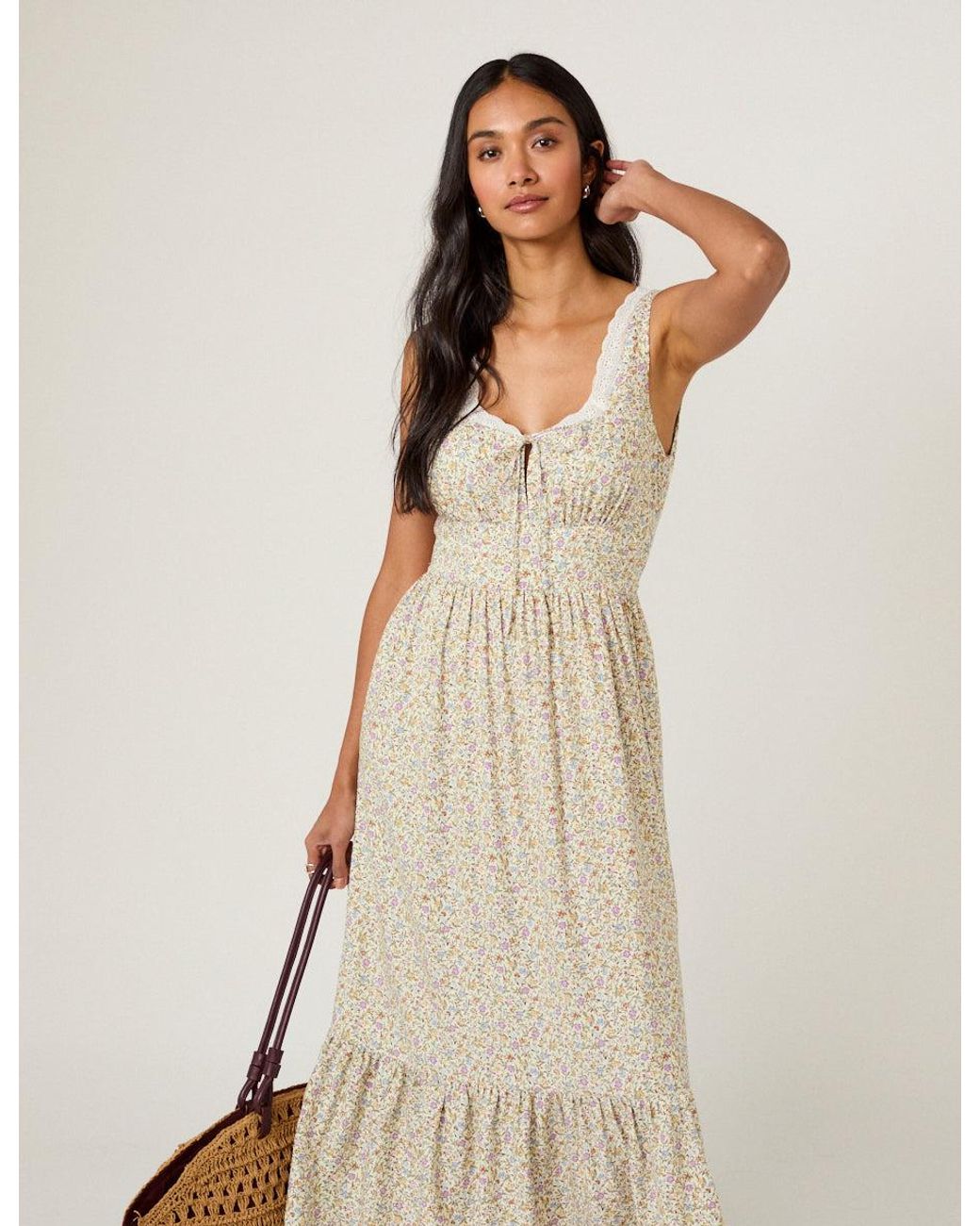 Nobody's Child Natural Ditsy Floral Tiered Heather Midi Dress