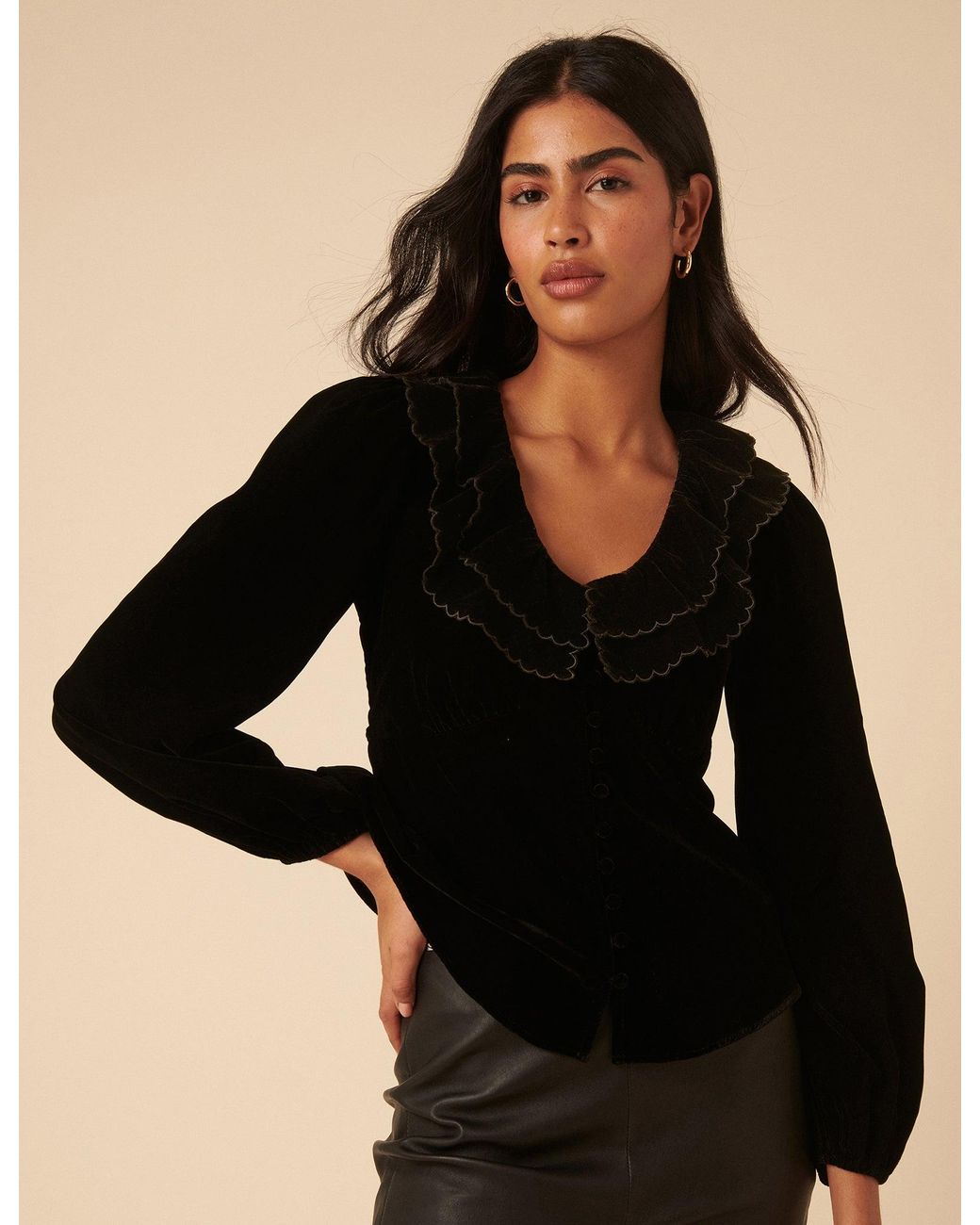 Nobody's Child Black Velvet Ruffle Collared Blouse