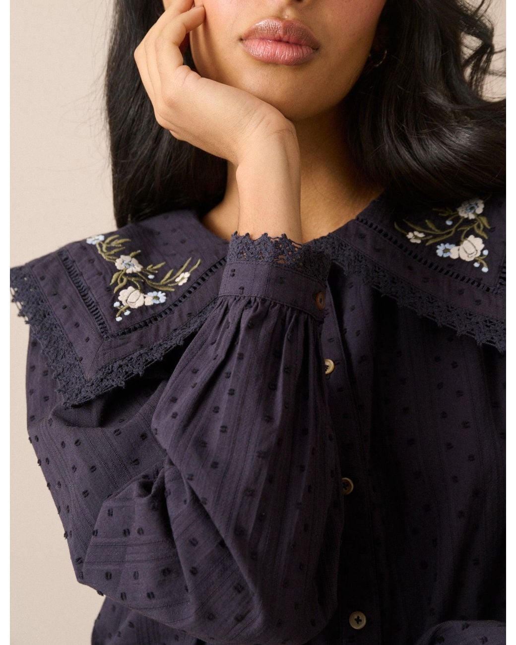 Nobody's Child Blue Floral Embroidered Oversized Collar Blouse