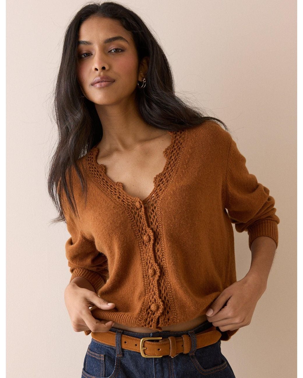 Nobody's Child Brown Burnt Wool Blend Crochet Trim Elodie Cardigan