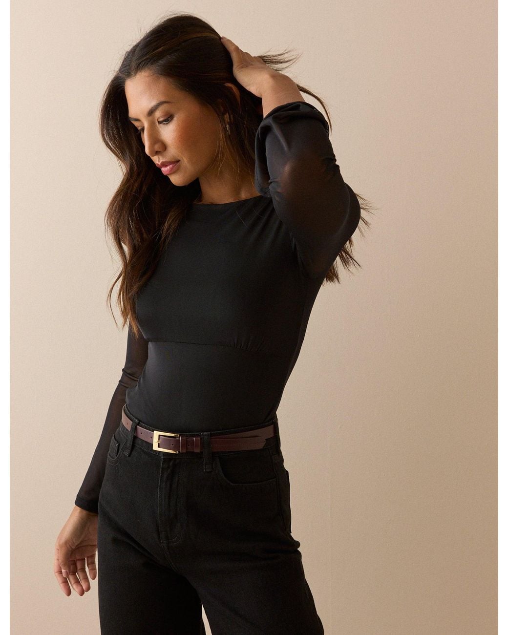 Nobody's Child Brown Jersey Mesh Long Sleeve Top