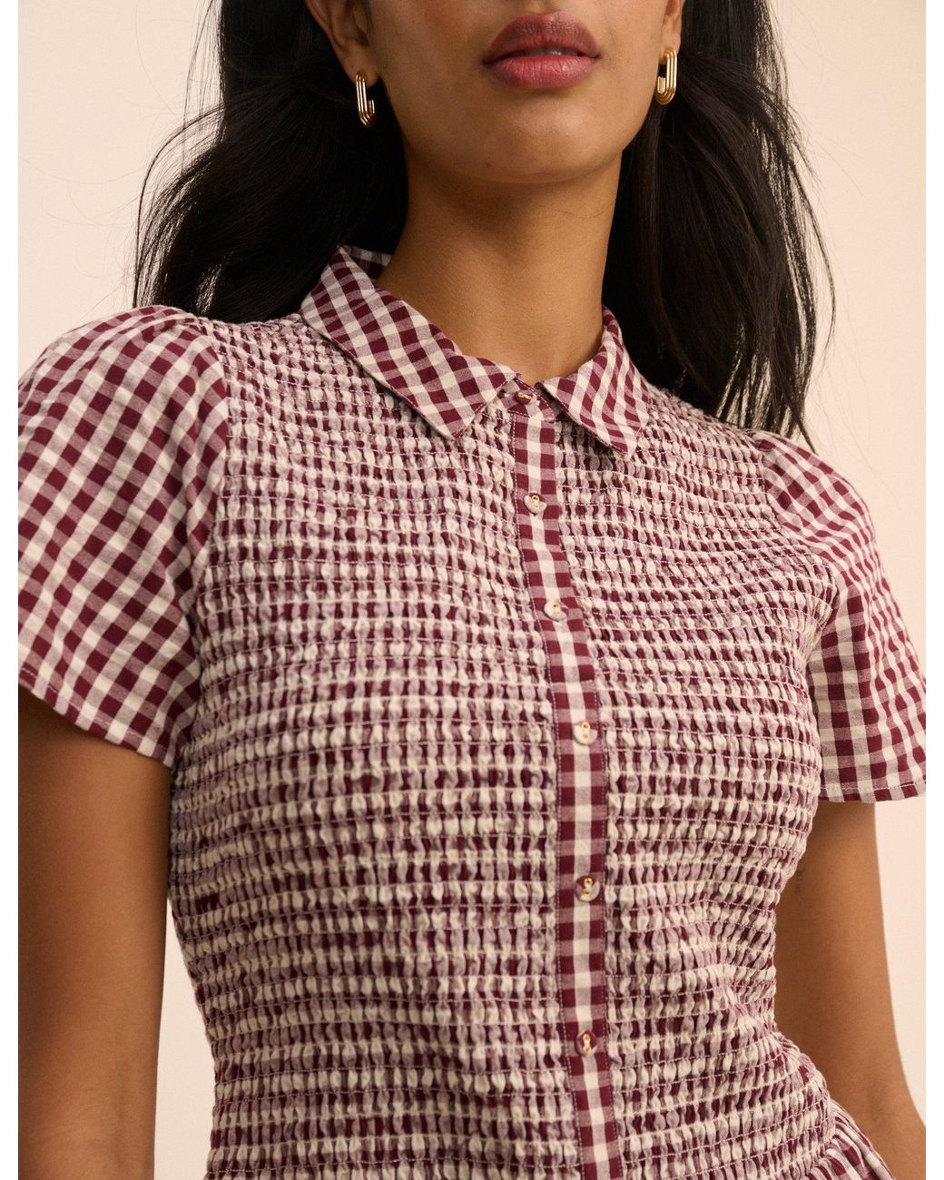 Nobody's Child Natural Burgundy Gingham Shirred Ioni Mini Dress