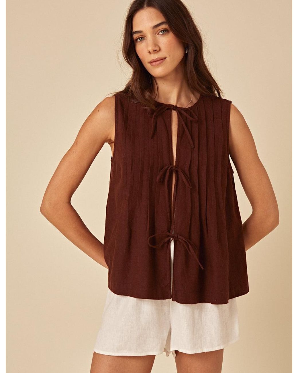 Nobody's Child Brown Linen-Blend Tie Front Top