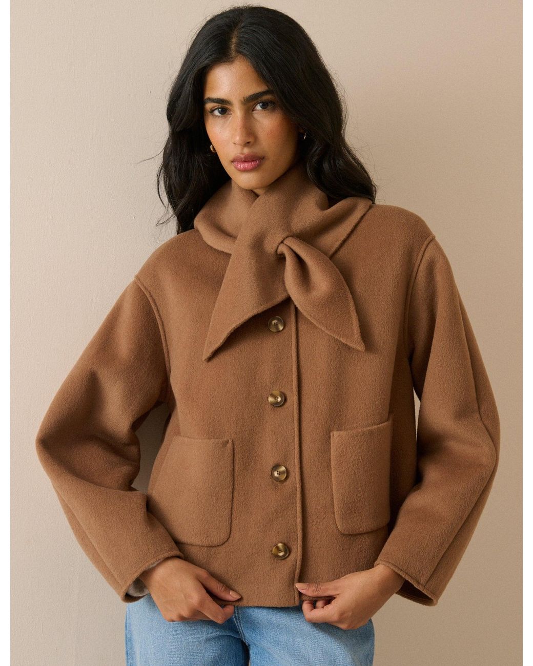 Nobody's Child Brown Camel Wool-Blend Neck Tie Jacket