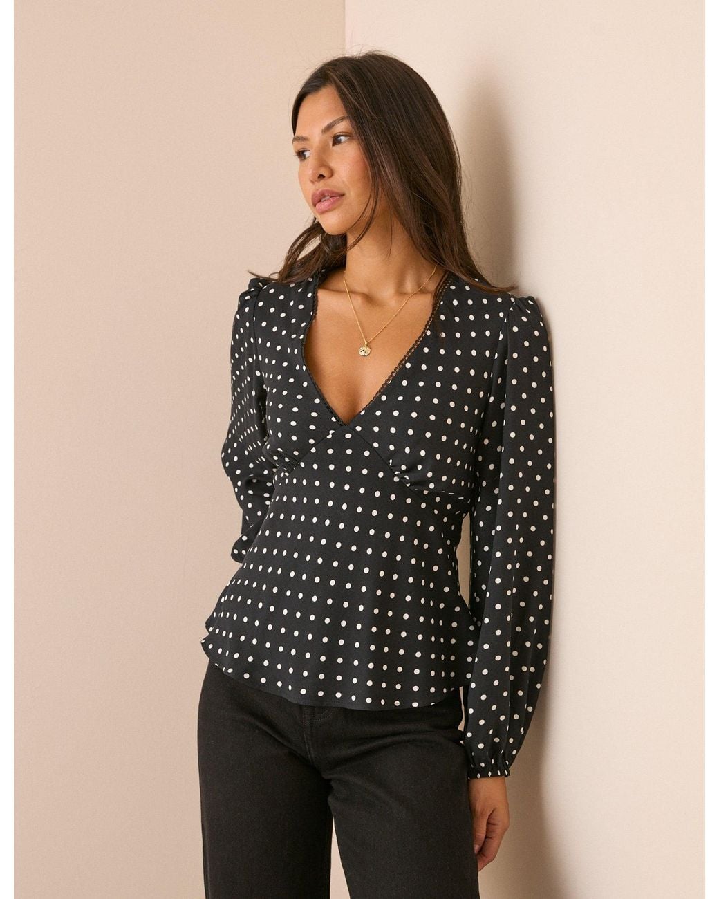 Nobody's Child Black Polka Dot Blouson Sleeve Top