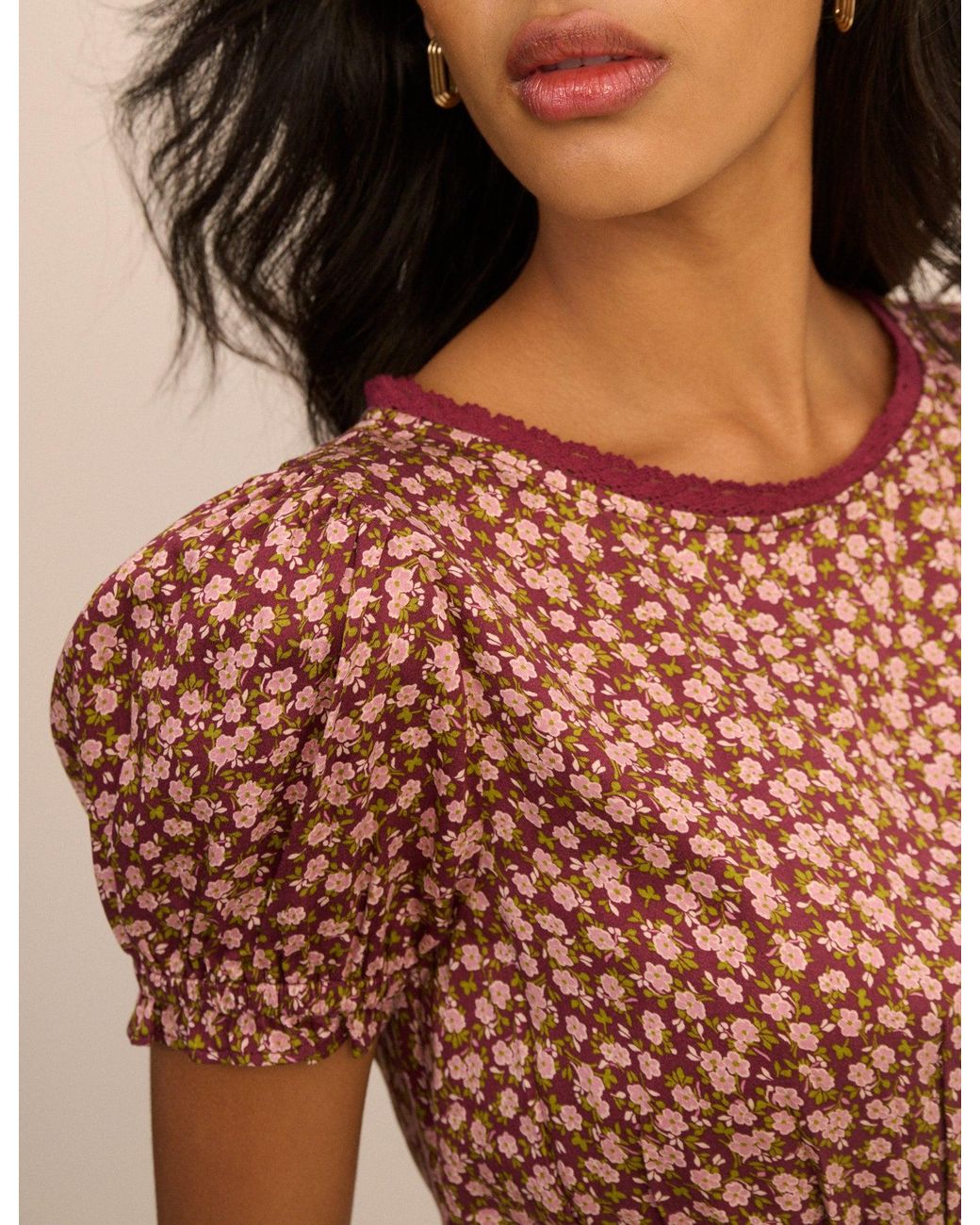Nobody's Child Multicolor Burgundy Floral Tiered Dara Midi Dress