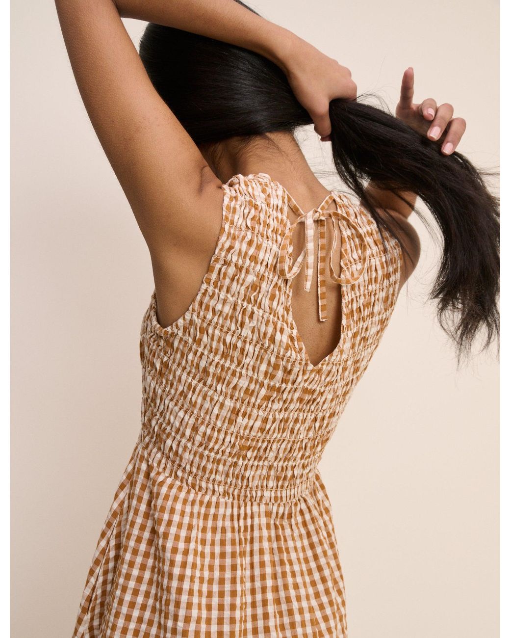 Nobody's Child Natural Gingham Shirred Audrey Midi Dress