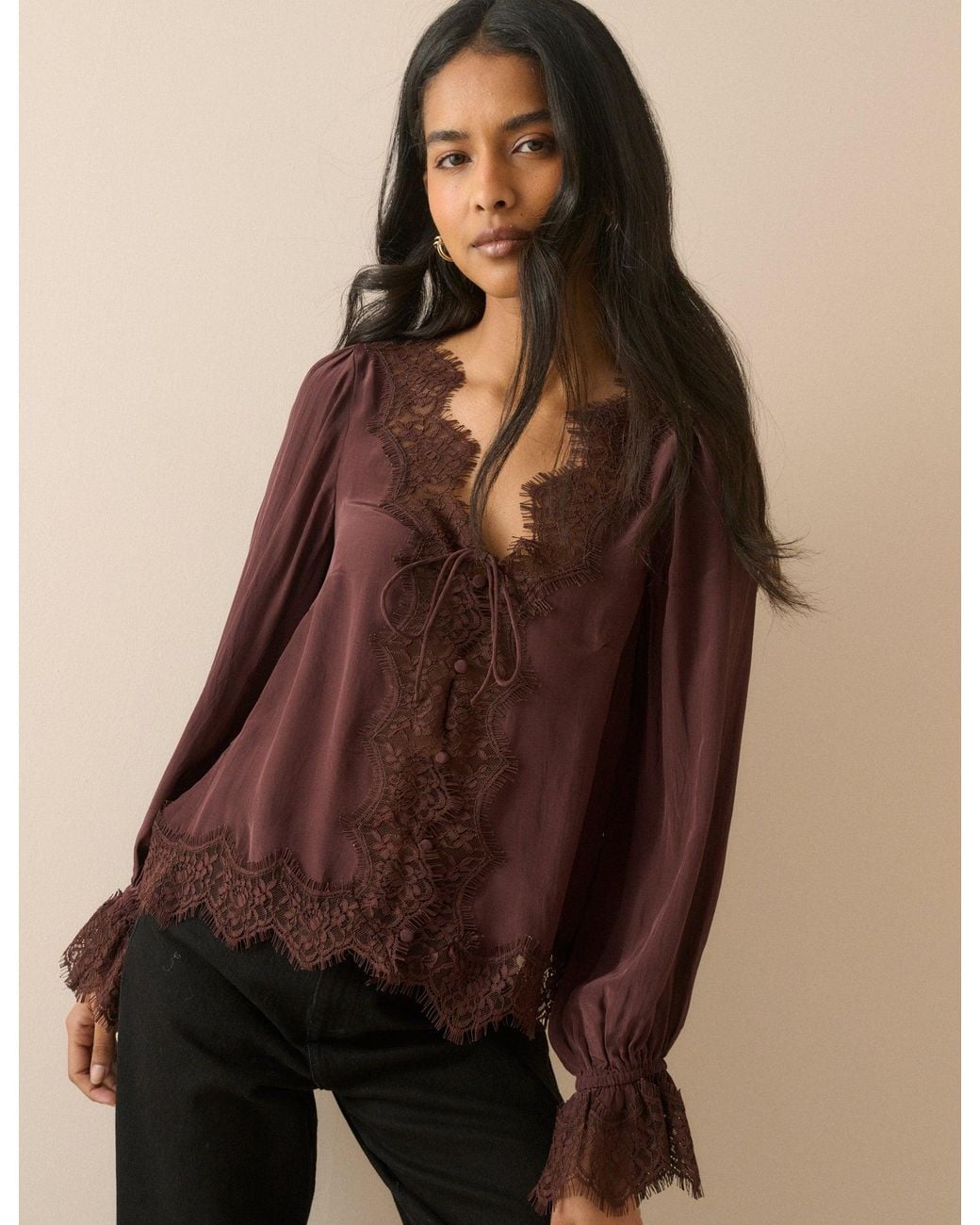 Nobody's Child Brown Satin Lace Trim Wilde Blouse