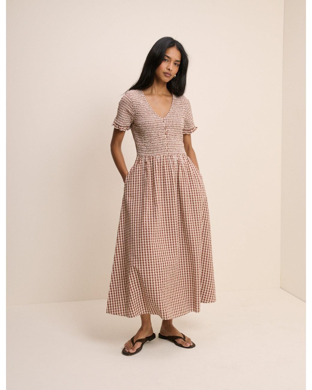 Nobody's Child Natural Gingham Shirred Eliza Midi Dress