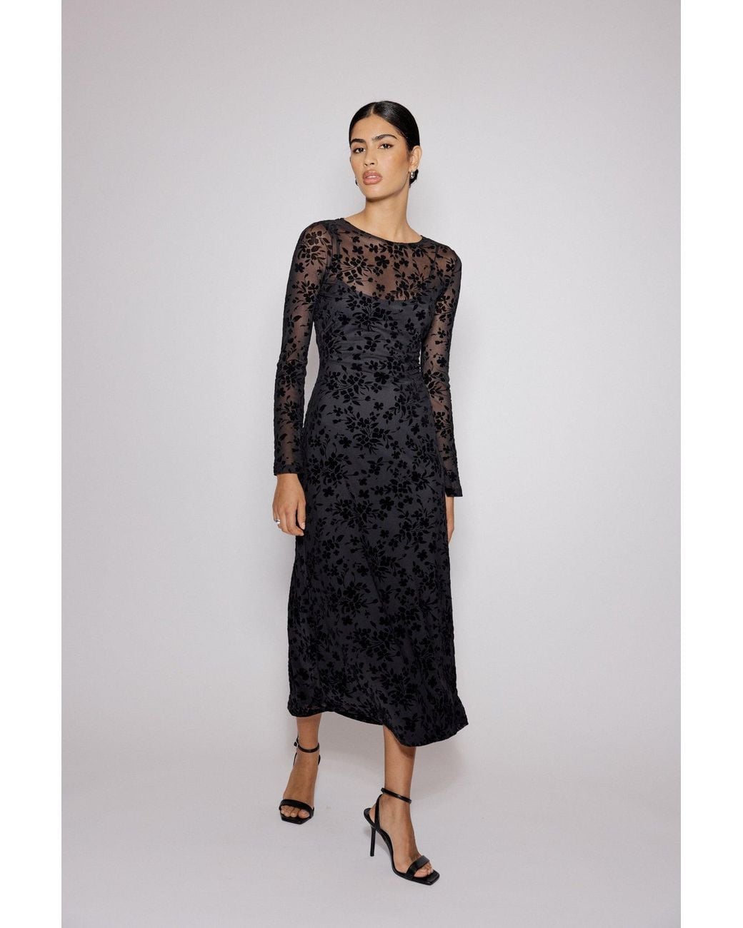 Nobody's Child Blue Floral Jaquard Velvet Stretch Mesh Midi Dress