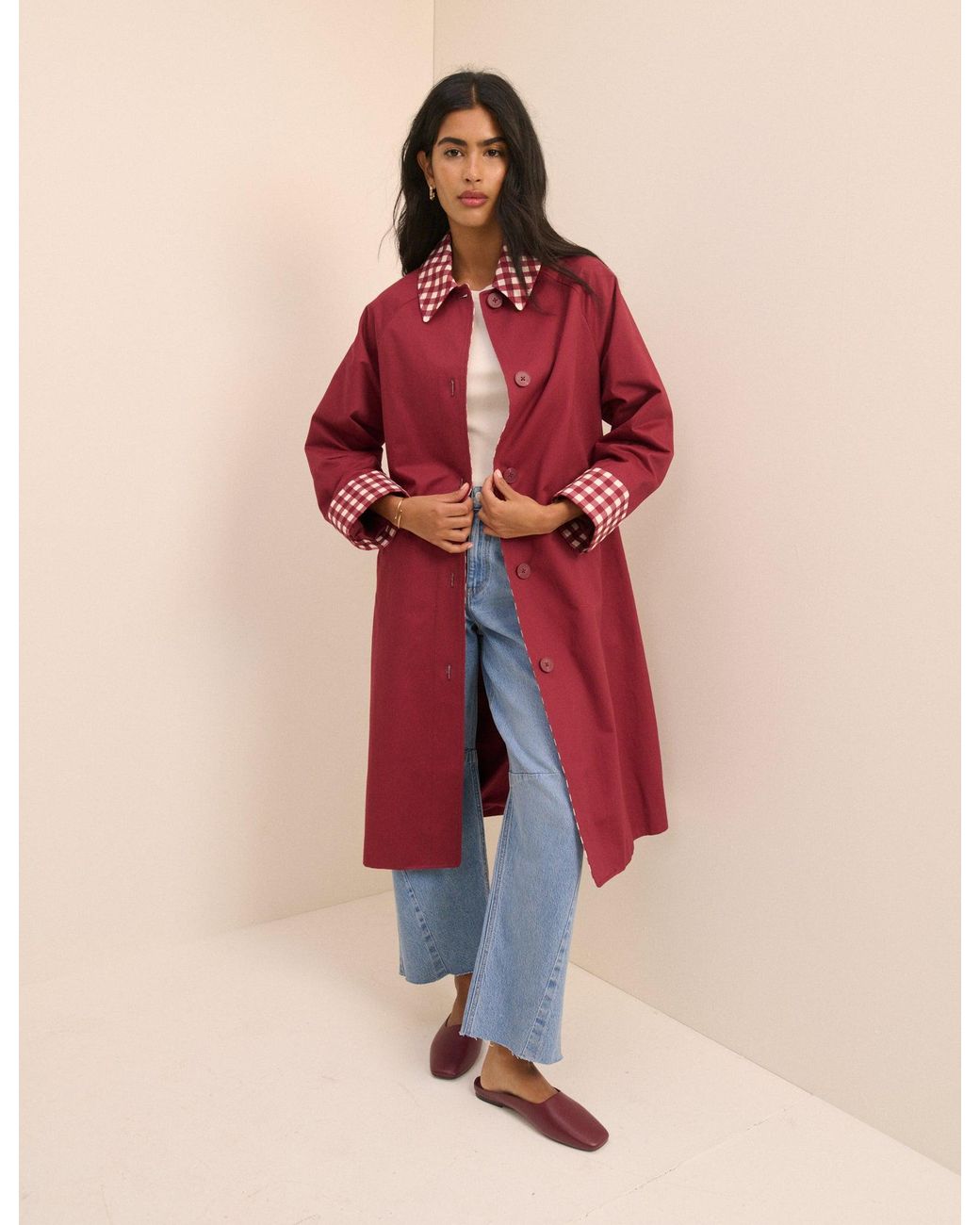 Nobody's Child Red Gingham Trim Trench Coat