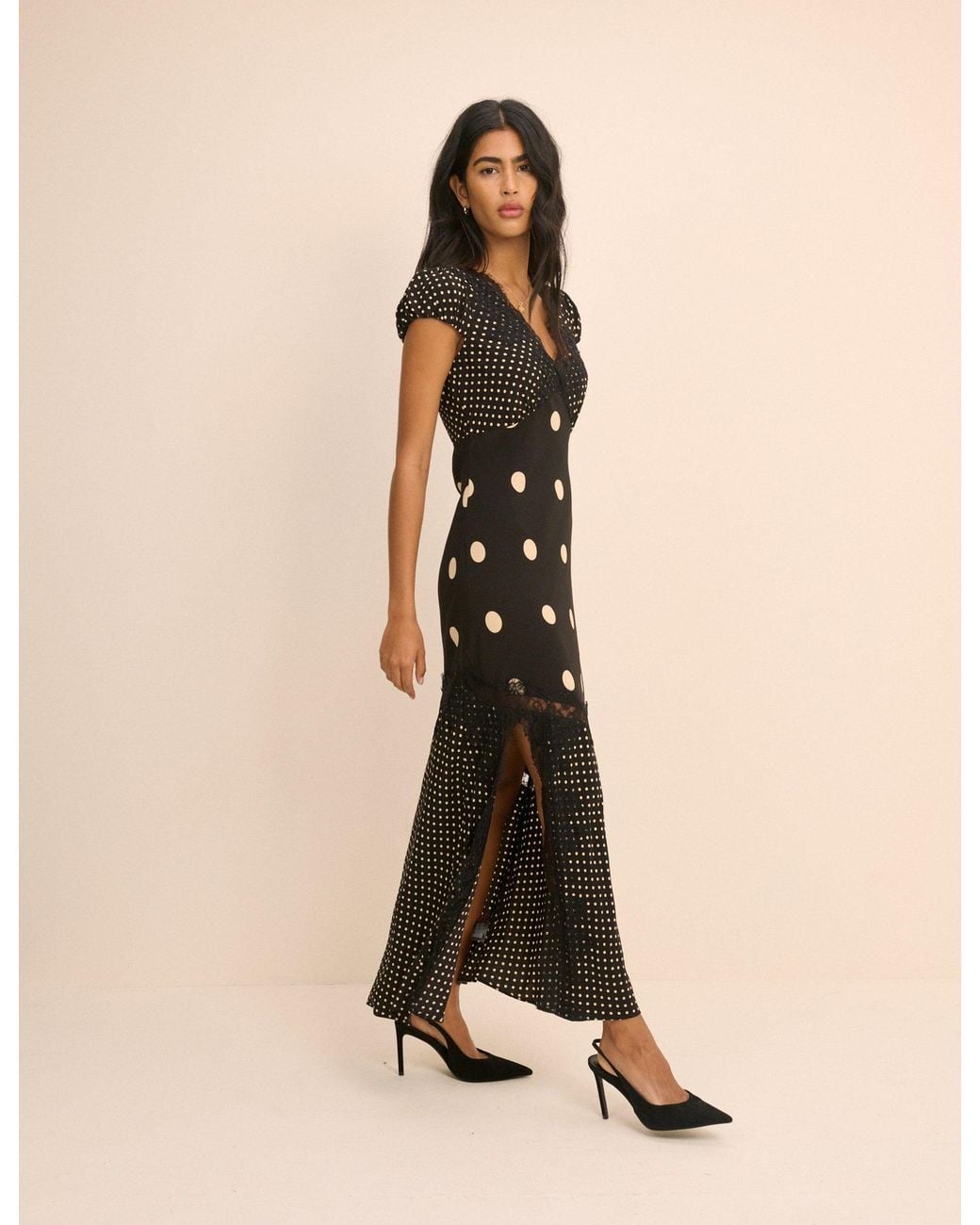 Nobody's Child Natural Polka Dot Lace Trim Satin Gloria Maxi Dress