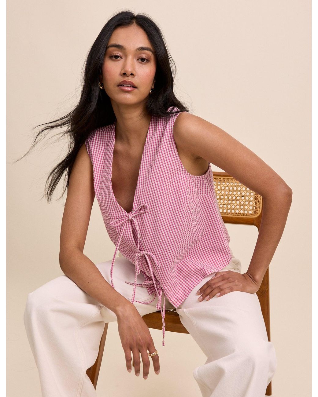 Nobody's Child Pink Gingham Tie Front Tessa Top