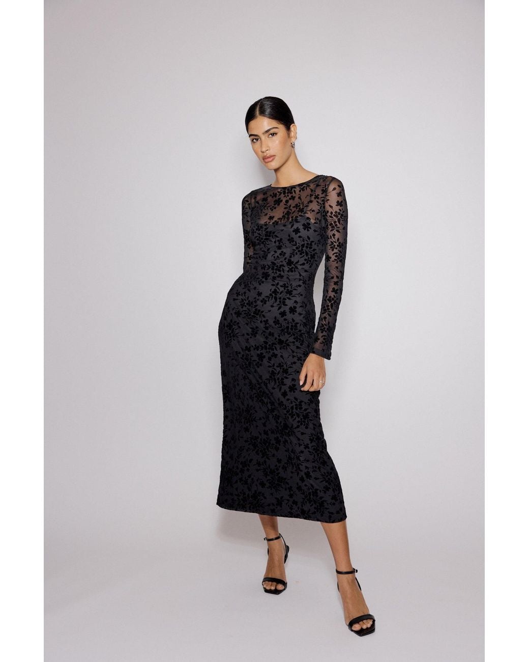 Nobody's Child Blue Floral Jaquard Velvet Stretch Mesh Midi Dress