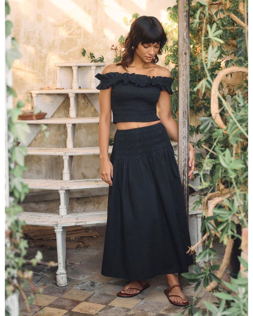 Nobody's Child Natural Drop Waist Shirred Midi Skirt