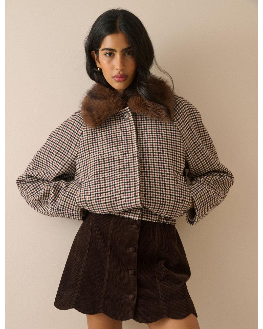 Nobody's Child Brown Heritage Check Faux Fur Collar Bomber Jacket