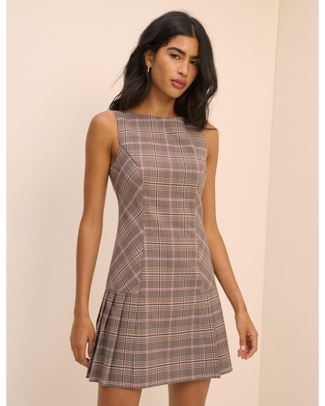 Nobody's Child Brown Check Pleated Mary Mini Dress