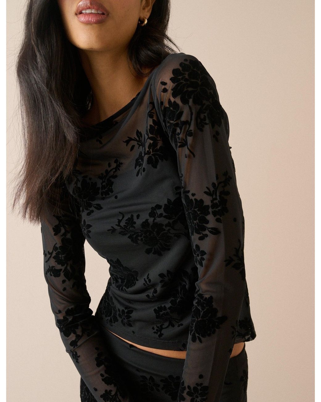 Nobody's Child Black Floral Mesh Long Sleeve Top