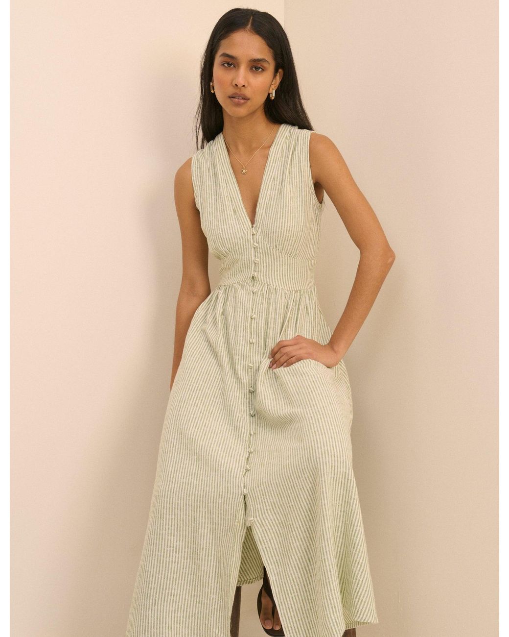 Nobody's Child Natural Pinstripe Sleeveless Linen-Rich Starlight Midi Dress