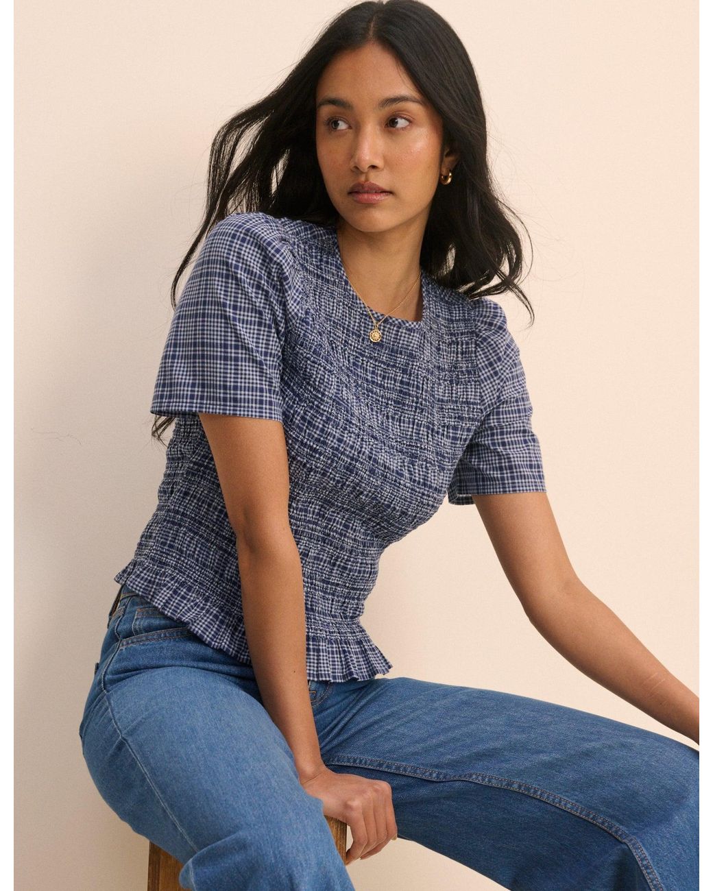 Nobody's Child Blue Check Shirred Top