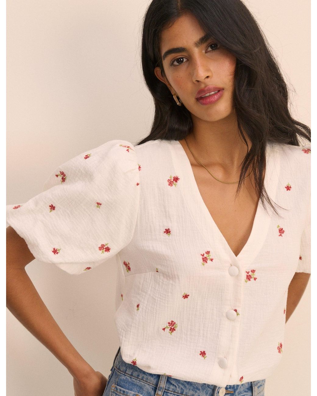 Nobody's Child Natural And Floral Puff Sleeve Top