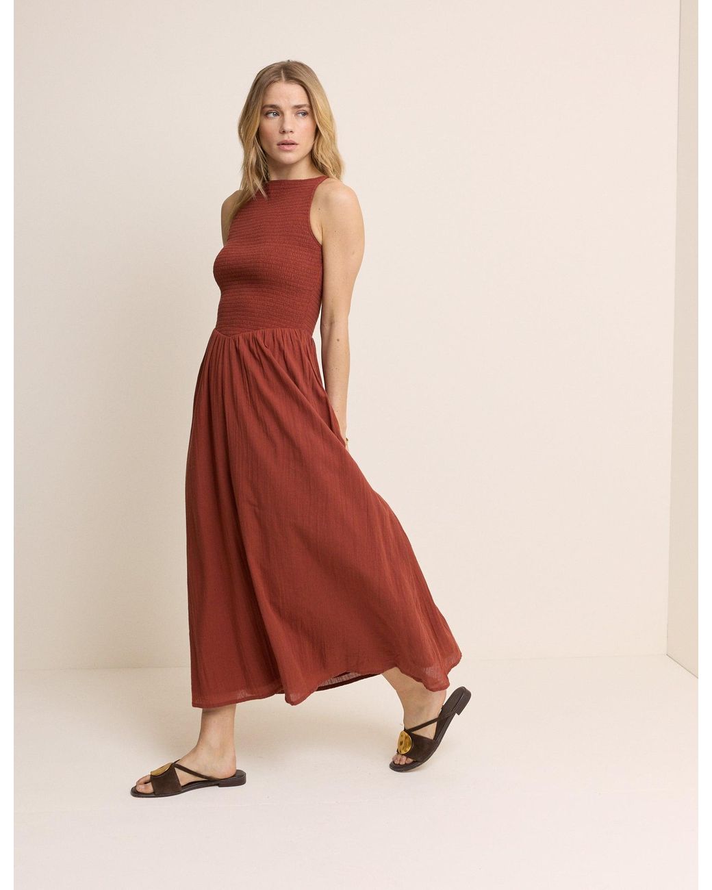 Nobody's Child Pink Burnt Drop Waist Shirred Angelina Midi Dress