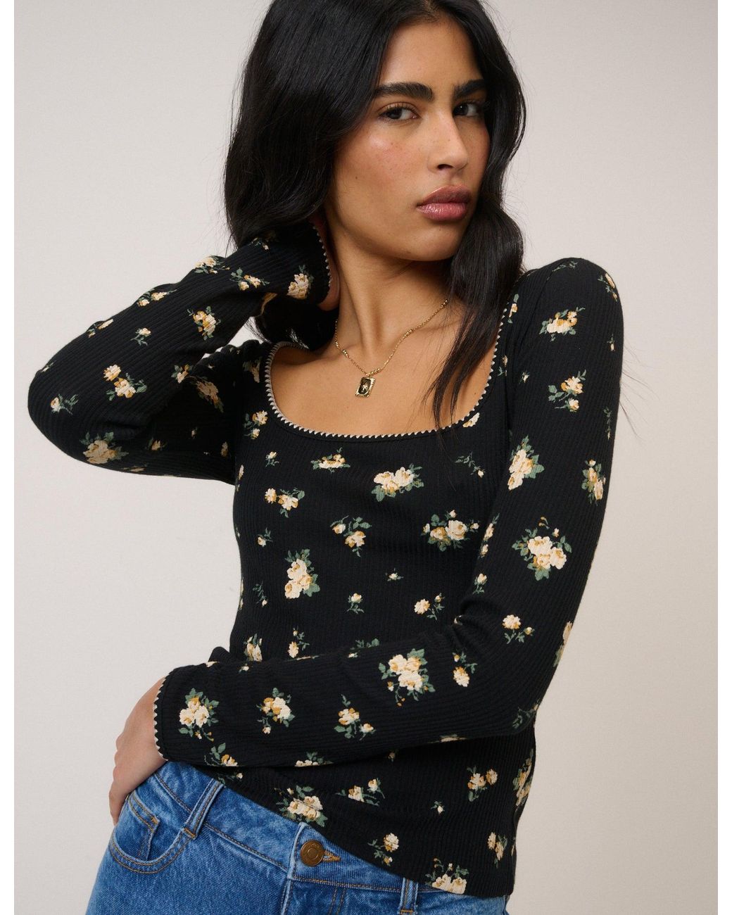 Nobody's Child Blue Floral Whipstitch Pointelle Scoop Neck Top