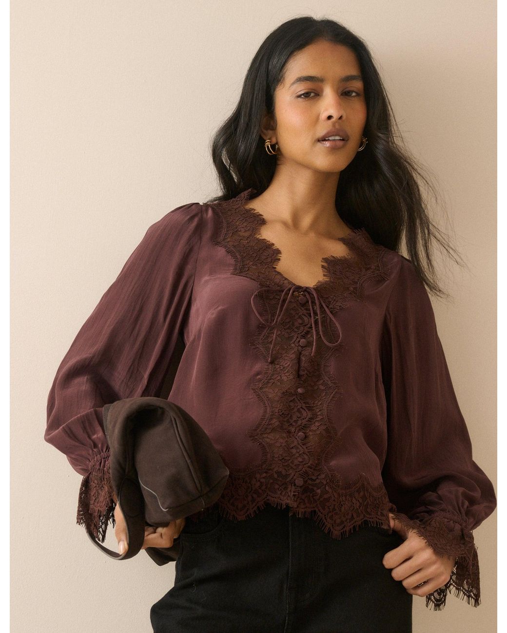 Nobody's Child Brown Satin Lace Trim Wilde Blouse