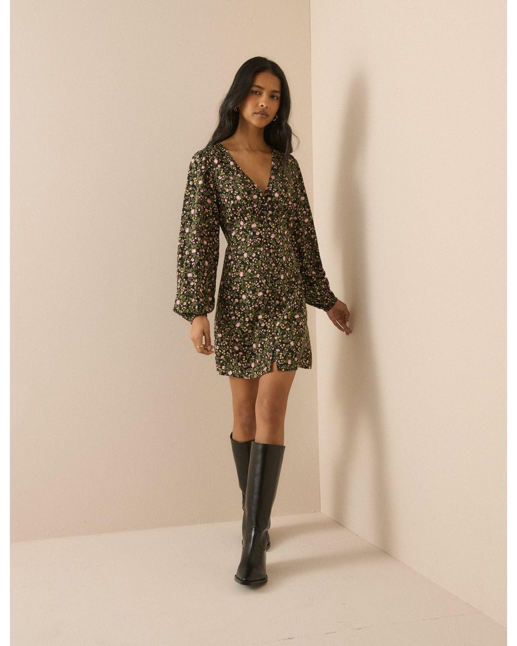 Nobody's Child Green Floral Balloon Sleeve Kennedy Mini Dress