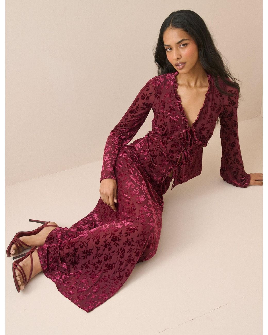 Nobody's Child Pink Velvet Floral Jersey Maxi Skirt