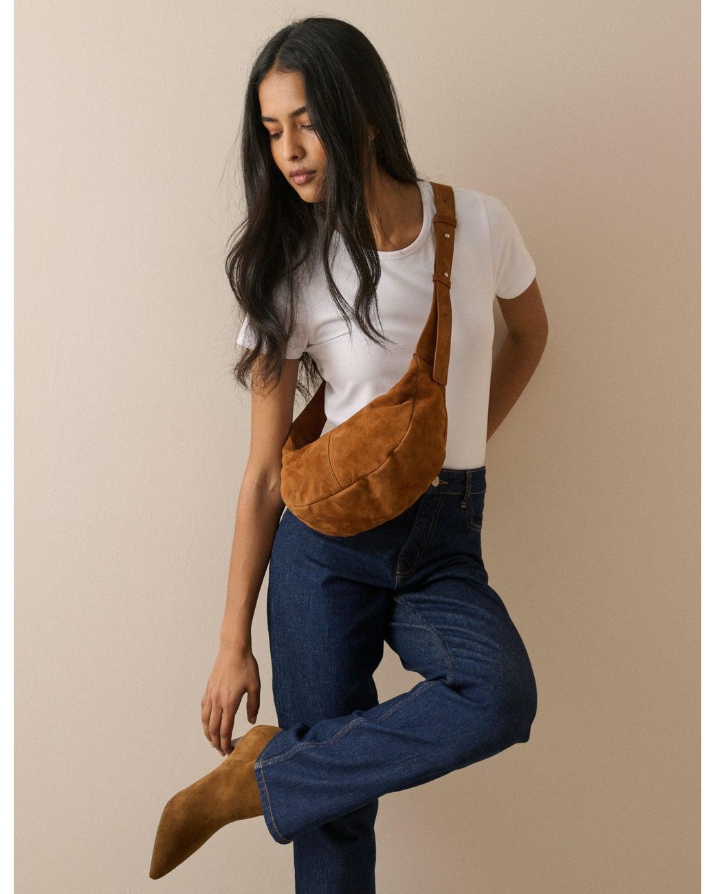 Nobody's Child Blue Tan Suede Crescent Crossbody Bag