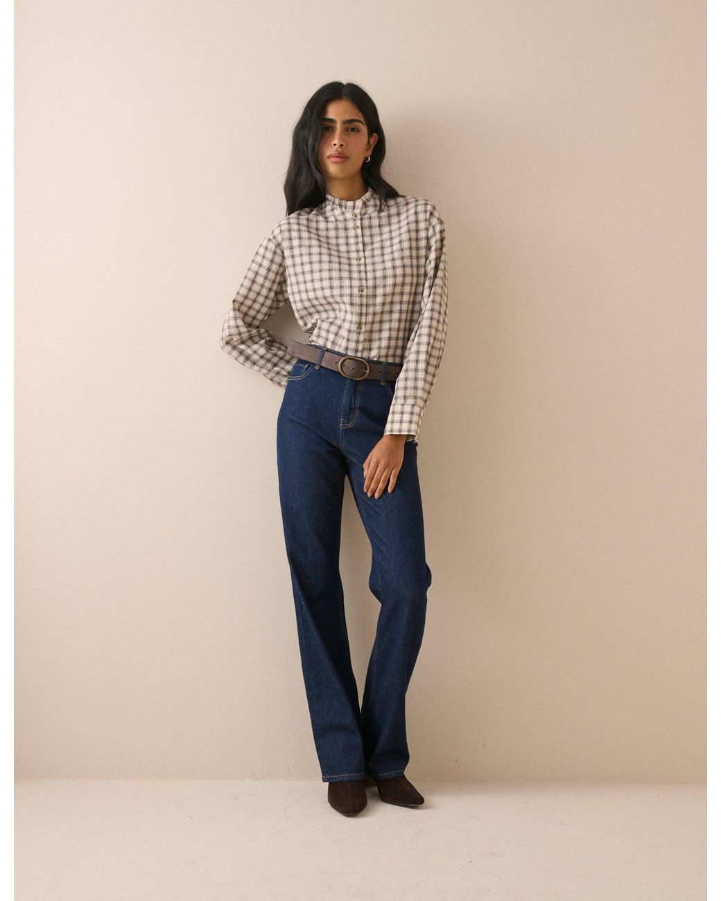 Nobody's Child Brown Check Frill Neck Blouse