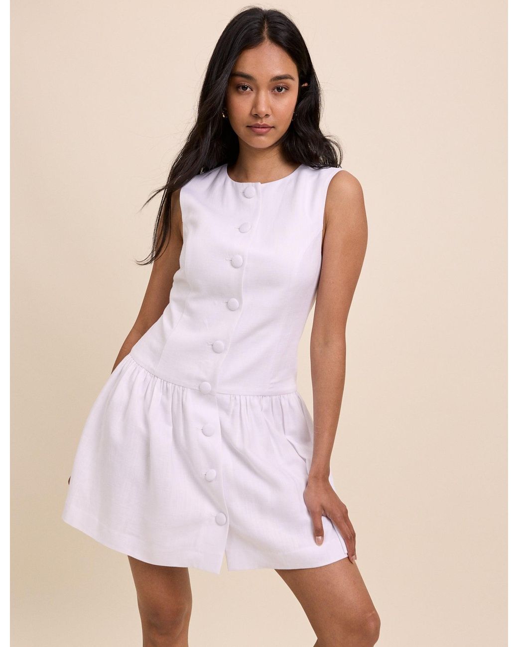 Nobody's Child Natural Button Front Drop Waist Mini Dress