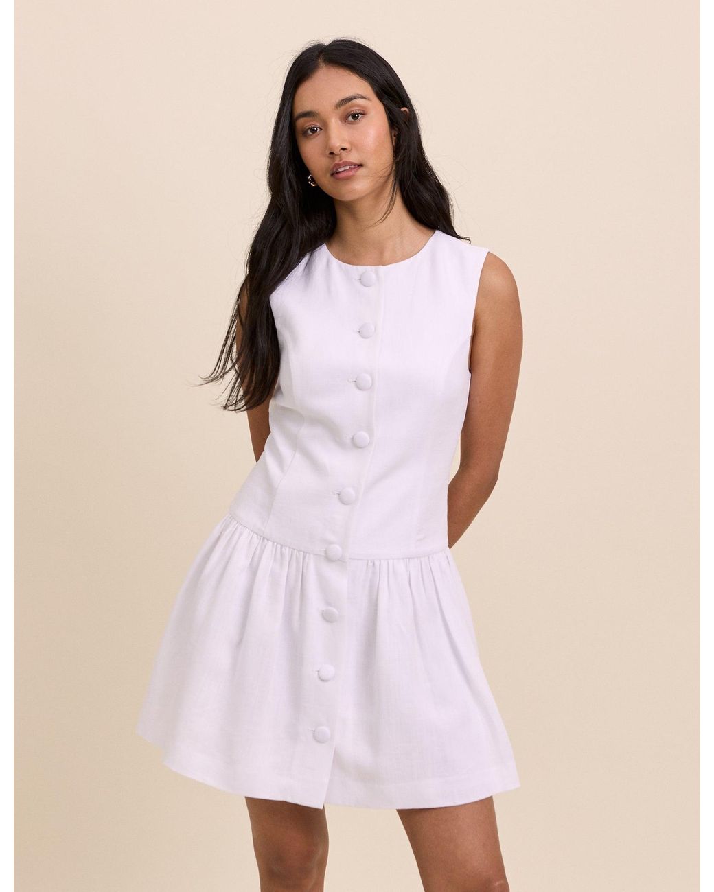 Nobody's Child Natural Button Front Drop Waist Mini Dress