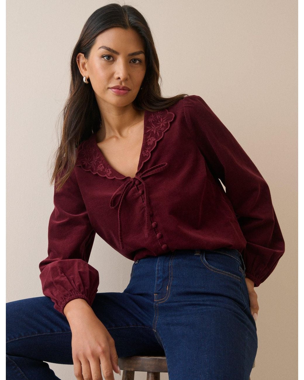 Nobody's Child Burgundy Floral Embroidered Collar Cord Blouse