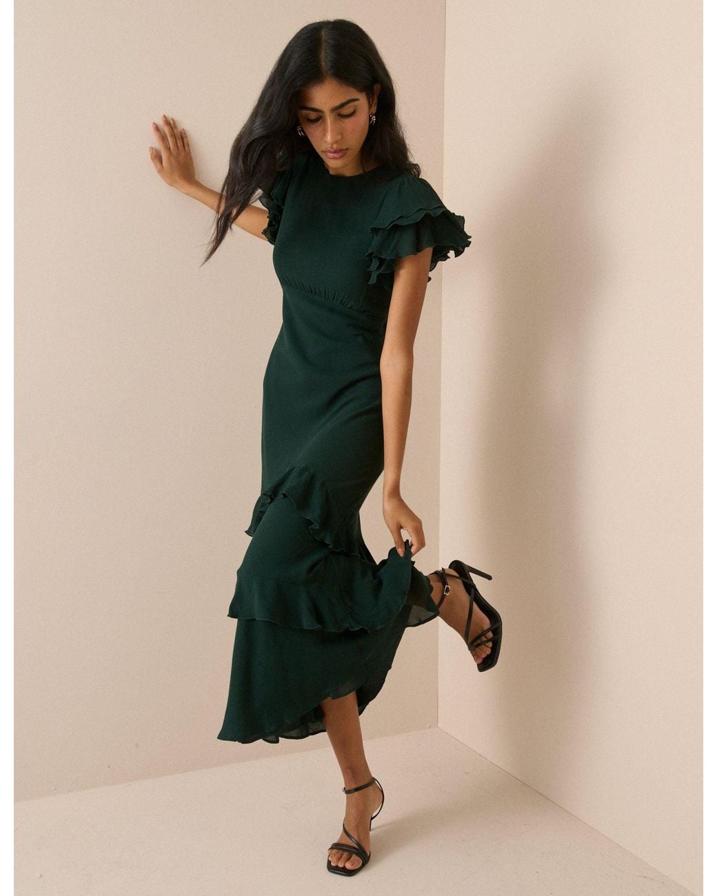 Nobody's Child Green Dark Ruffle Marley Maxi Dress