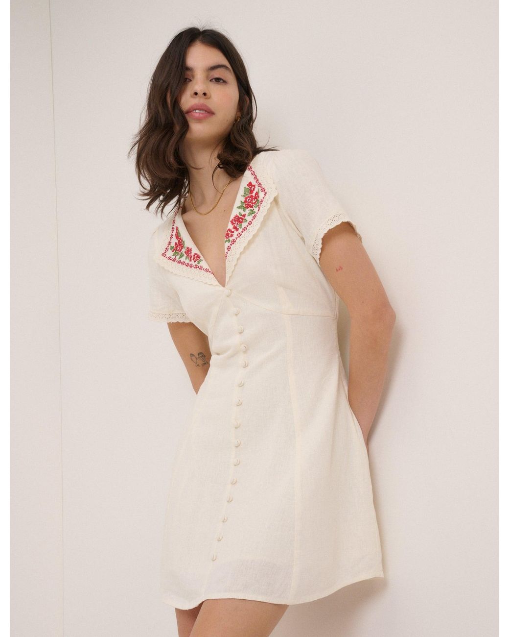 Nobody's Child Natural Floral Collar Linen-Rich Lillian Mini Dress