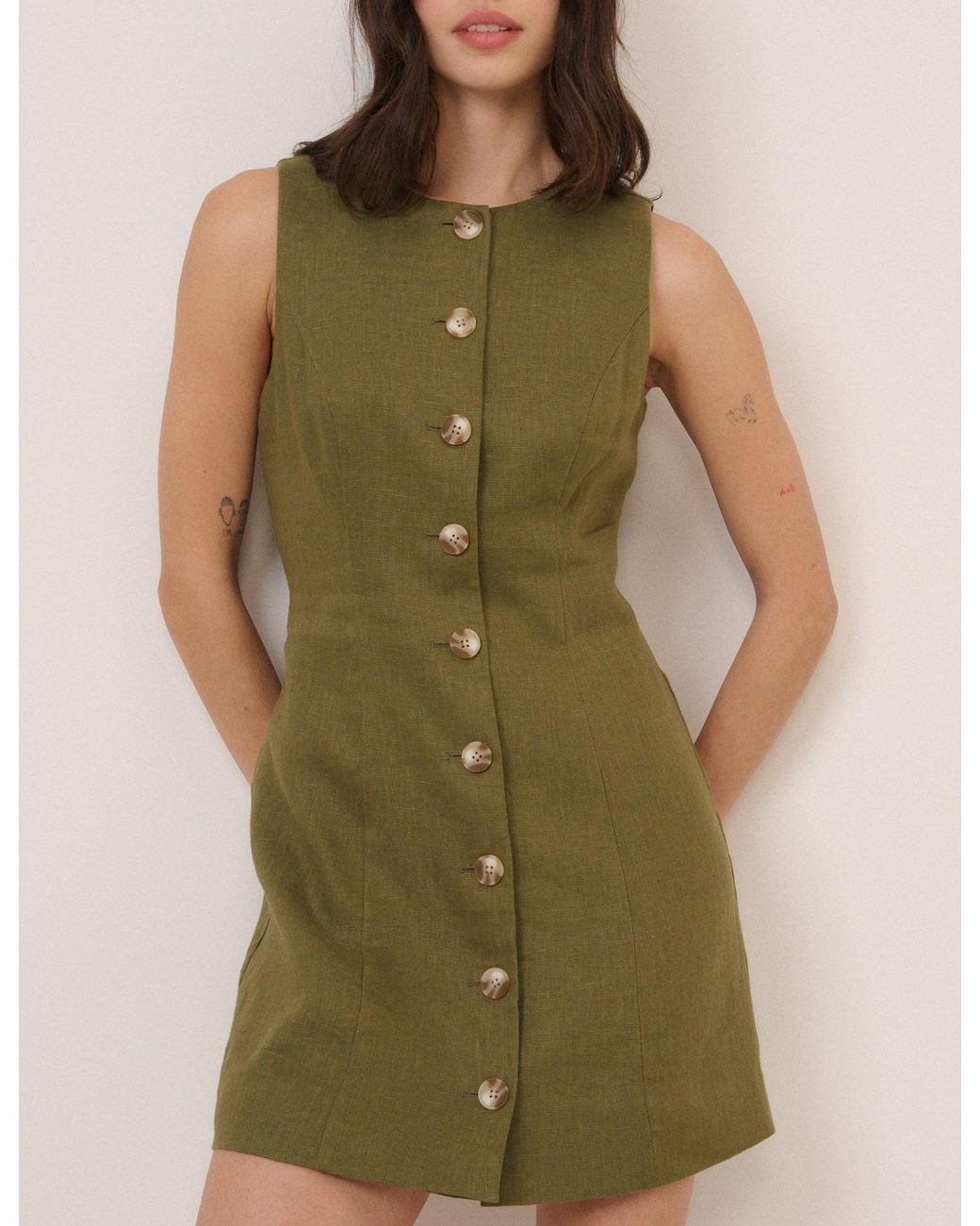 Nobody's Child Green Linen-Blend Button Front Mini Dress