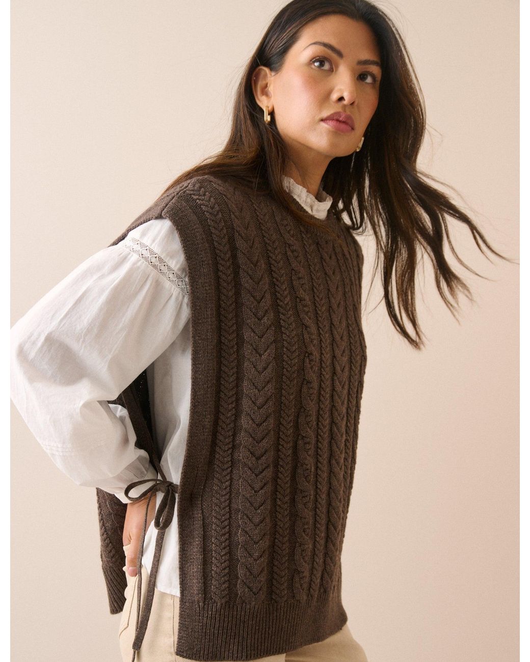 Nobody's Child Natural Chocolate Wool-Blend Cable Knit Vest